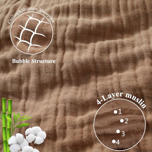 PHF Cooling Muslin Throw Blanket for Hot Sleepers, 60% Rayon Derived from Bamboo, 40% Cotton Blanket for Summer, 4-Layer Breathable Gauze Blanket for Bed Couch, 50"x60", Brown