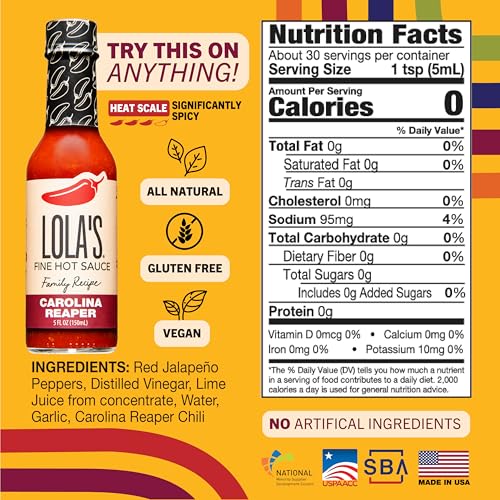 Lola’s Carolina Reaper Hot Sauce | Made with Red Jalapenos & Carolina Reaper Peppers | 0 Calories, 0g Fat, Low Sodium | All-Natural, Keto, Gluten-Free | 5 Fl Oz (Pack of 1)