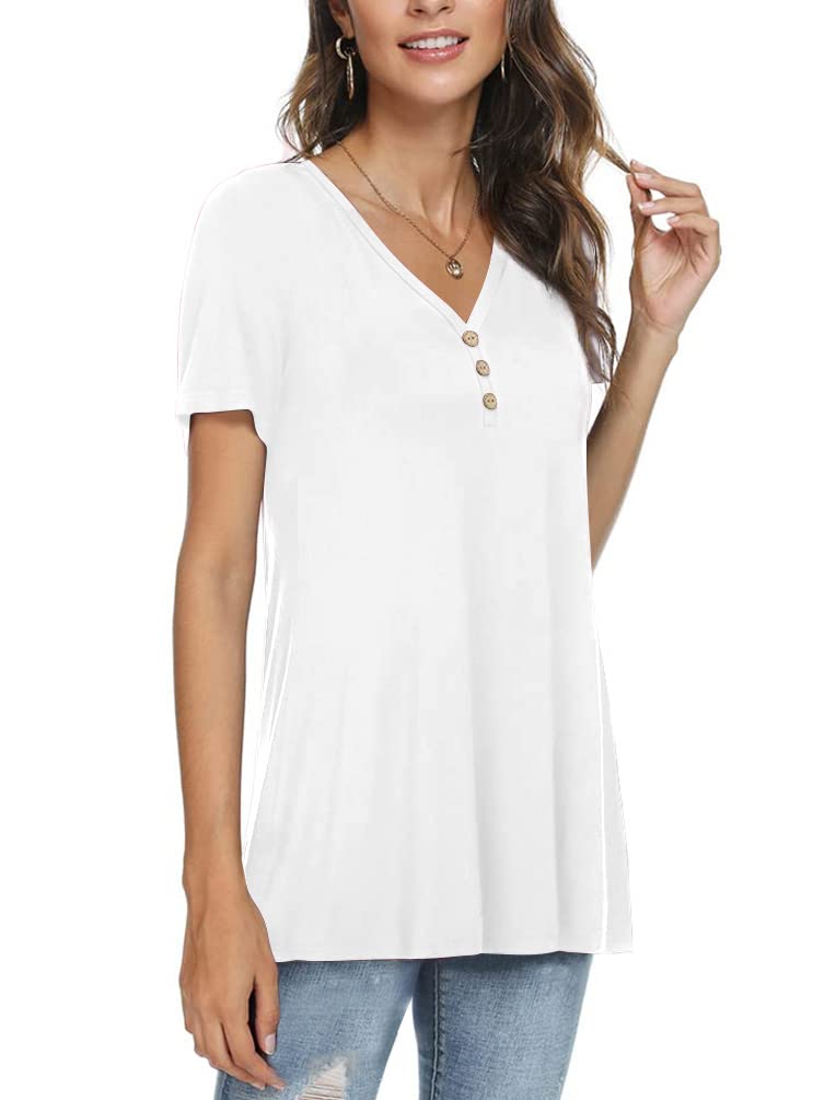 AWULIFFAN Womens Summer Short Sleeve Tunic Tops Loose Fit Casual T-Shirt Button Up Blouses(White,Large)