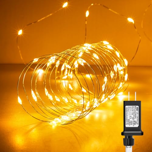 Minetom Fairy Lights Plug in, 33Ft 100 LEDs Waterproof Silver Wire Firefly Lights, Adaptor Included, Starry String Lights for Wedding Indoor Outdoor Christmas Patio Garden Decoration, Warm White
