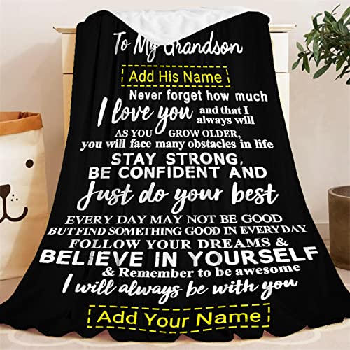 Custom Grandson Blanket from Grandma Grandpa 40x50 Inches Personalized Boy Name Gift Super Soft Lightweight Throws Summer Travel Blankets Birthday Present Decor Bed Couch Sofa