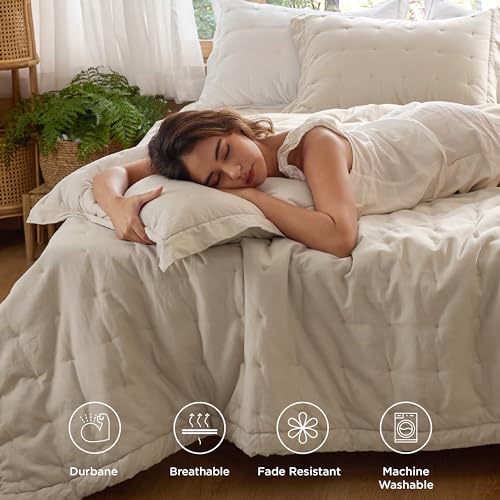 Bedsure Linen Quilt Queen Size, Cotton Linen Blend Queen Quilt Sets Linen Bedspread with Natural Wrinkles-Queen Cotton Linen Bedding Set 3-Piece for All Seasons-White (90x96)