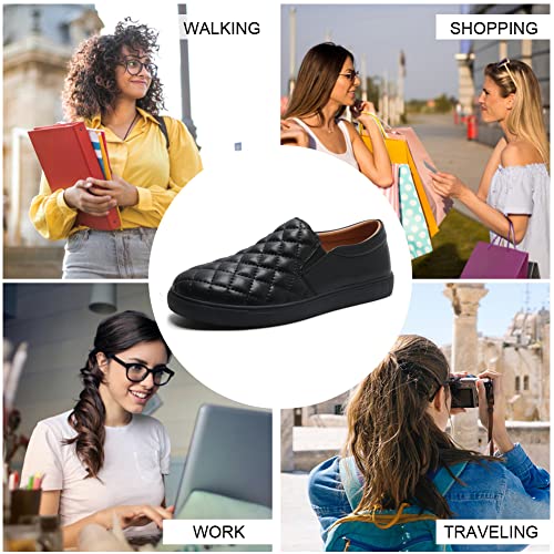 Womens Loafers Slip On Shoes Quilted Leather Comfort Memory Foam Non Slip Work Shoes Soft Casual Driving Flat Sneaker Ladies All Black US 6.5