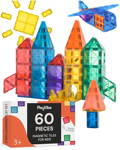 PLAYVIBE Magnetic Tiles 60 Pcs - 3D Magnet Toys for Kids 3+ - STEM Building Blocks - Toddler Learning Essential for Home & Classroom, Boys & Girls - Sensory Toys - Magnetic Blocks