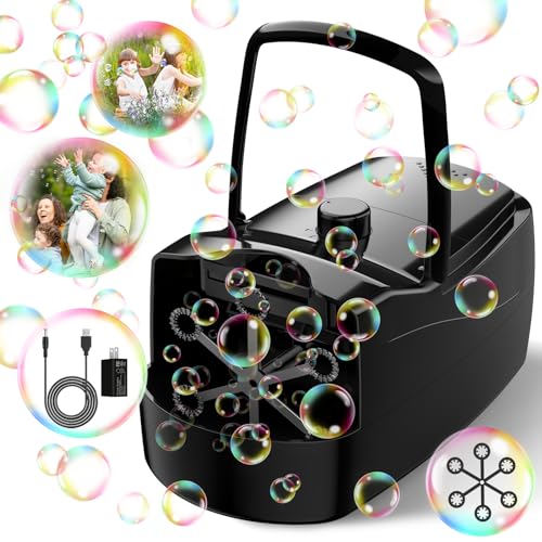 Bubble Machine,18000+ Big Bubbles/Min Automatic Bubble Blower for Kids with 2 Speeds,6 Wands,Operated by Plugin or Batteries Bubble Maker for Outdoor/Indoor Birthday Parties,Wedding (Black)