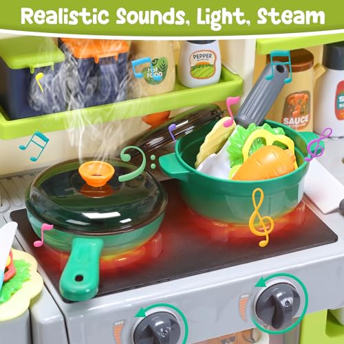 HOLYFUN Kids Kitchen Playset, Pretend Play Kitchen with Sounds and Lights, Cooking Stove Steam,Play Sink and Play Food,Toy Kitchen Set for Kids Toddlers, Green