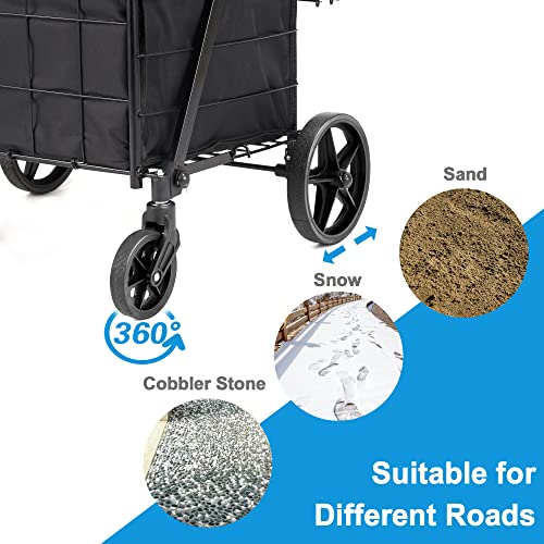 HABUTWAY Folding Shopping Cart with Removable Oxford Cloth Liner, Grocery Cart on Wheels,360°Swivel Wheels,Heavy Duty Shopping Carts for Groceries, 220lb Capacity Black