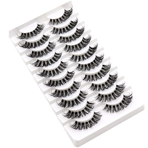 Veleasha Clear Band Lashes 10 Pairs Pack D Curl Russian Strip Lashes,Natural Look Transparent Soft Band Faux Mink Eyelashes for Eye Makeup (DT12-Pink New)
