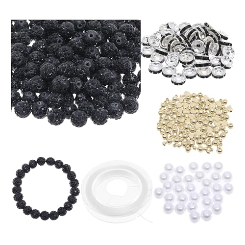 Taouzi 150 Pcs 10mm Rhinestone Beads for Jewelry Making Sparkle Clay Rhinestone Beads Spacer Beads Faux Pearl Beads Elastic String for Bracelets Necklace Earrings Jewelry Making (Black Colorful)