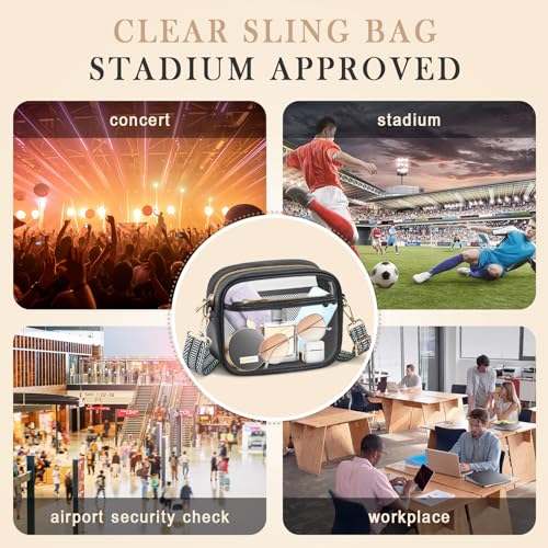 MOMSIV Clear Bag for Stadium Events, Clear Crossbody Bag with Front Pocket & Mesh Pocket Clear Purse Bag for Concerts Sports Festivals Black