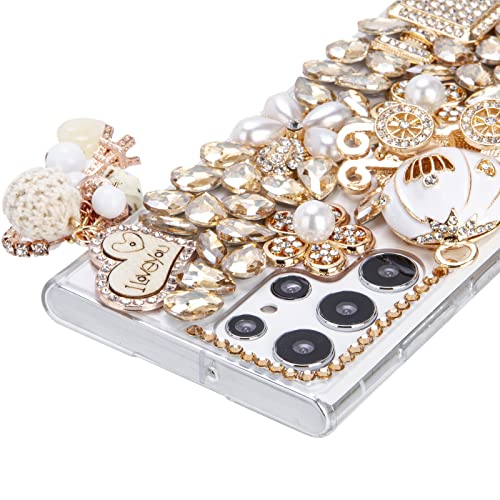 iFiLOVE for Samsung Galaxy S24 Bling Case, Girls Women 3D Luxury Sparkle Glitter Diamond Crystal Rhinestone Pumpkin Car Charm Pendant Protective Case Cover (Champagne)