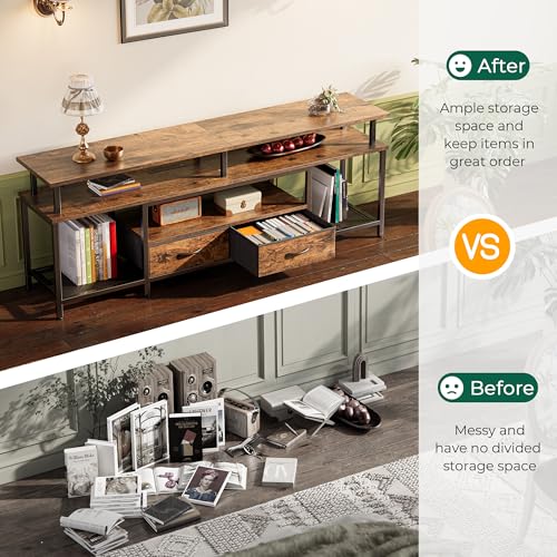 Huuger TV Stand for 65 70 75 Inch TV, Entertainment Center with Power Outlets and LED Lights, TV Console for Living Room, Media Console with Drawers and Shelves, Black