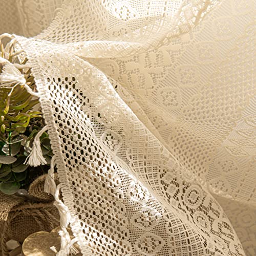 Sutuo Home White Boho Curtains 2 Panels 96 Inches Length for Bedroom Living Room Patio, Window Treatments Bohemian Sheer Knitted Crochet Lace Vintage Drapes Pair Tassels, Rod Pocket, 52" x 96"