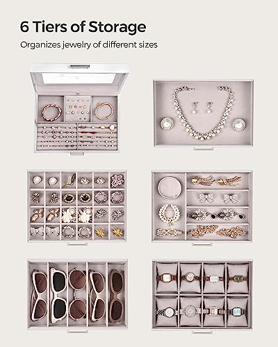 SONGMICS Jewelry Box, 6-Tier Jewelry Organizer, Large Jewelry Case with Big Mirror, 5 Drawers, Large Capacity, Jewelry Storage, Modern Style, Gift for Loved Ones, White UJBC138