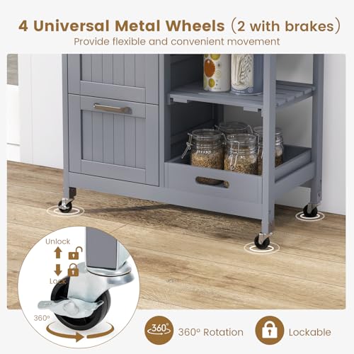 GOFLAME Kitchen Island Cart on Wheels with Storage, Versatile Rolling Cart with Wood Countertop, 3 Drawers, Removable Tray & Lockable Casters, Mobile Serving Trolley for Kitchen, Dining Room, Grey
