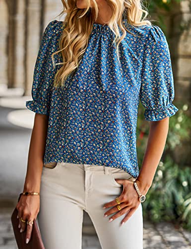 Women's Summer Shirt Top Ruffle Short Sleeve Frill Trim Mock Neck Solid 2024 Casual Blouses Shirts Tops Purple Red M