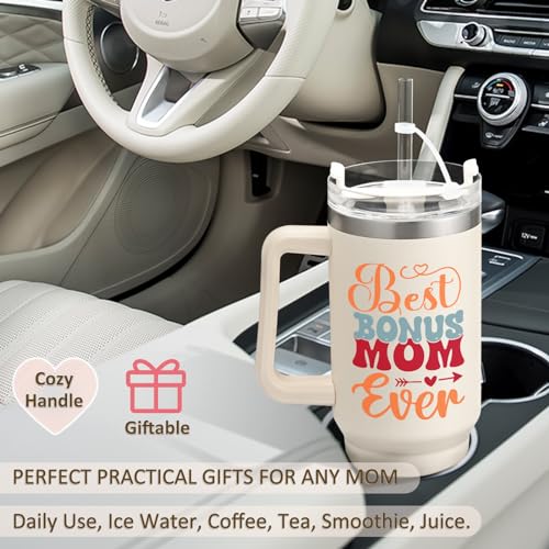 LiqCool Bonus Mom Birthday Gifts - 40 Oz Best Bonus Mom Ever Tumbler Gifts for Step Mom from Daughter Son, Unique Popular Stepmom Mother's Day Birthday Gift Ideas Cup(Cream)