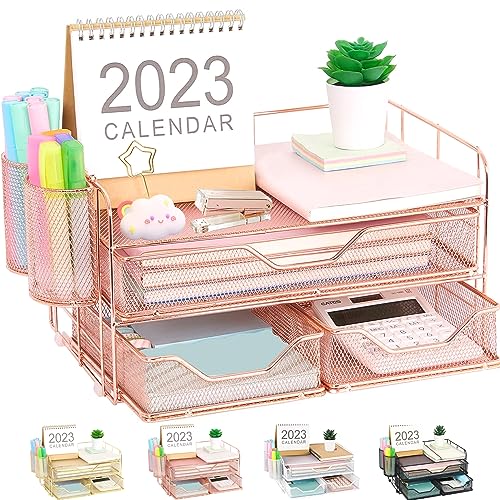 Youbetia Paper Tray Organizer with Mesh File Holder, 5 Tier Desk Accessories & Workspace Desk Organizers with Pen Holder, Office Desk Accessories Desktop Organization for Office Supplies (Black)