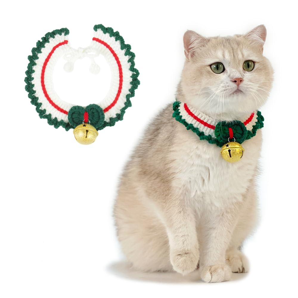 Christmas Cat Collar with Bells – Cozy Knit Holiday Scarf for Cats, Christmas Dog Collar Alternative for Small Dogs, Soft Festive Pet Costume for Winter Photos & Gifts (S)
