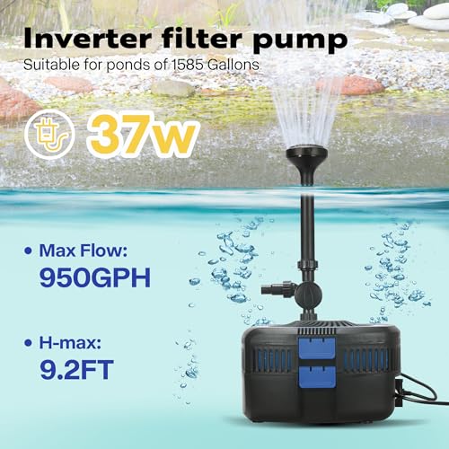 VIVOHOME 4-in-1 Pond Filter System Kits, 950 GPH Water Pump with Filter, Fountain and 13W Light Combo for Ponds up to 1585 Gallons