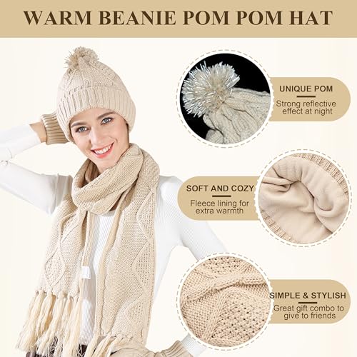 Hat Gloves Scarf Set for Women, Winter Beanie Warm Knit Pom Hat Touch Screen Glove Long Scarf 3pcs Winter Gift Set for Women