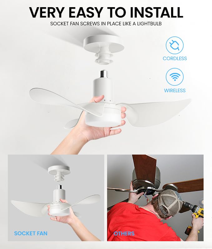 Socket Fan Light Ceiling Fans with Lights and Remote, Dimmable LED Ceiling Fan with Lights,5 Adjustable Wind Speeds 1000 Lumens Light Bulb Screw in Ceiling Fan for Bedroom Kitchen, Living Room, Closet