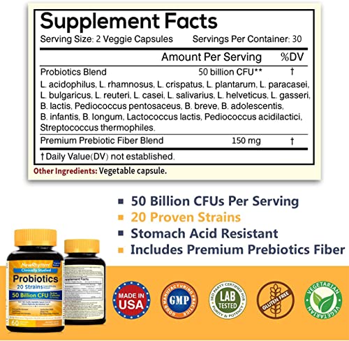 NewRhythm Probiotics 50 Billion CFU 20 Strains, 60 Veggie Capsules, Targeted Release Technology, Stomach Acid Resistant, No Need for Refrigeration, Non-GMO, Gluten Free