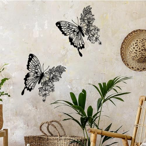 ESTART Metal Butterfly Wall Decor, 12 x 11.2 inch Boho Butterfly and Flower Metal Hanging Wall Decor Home Wall Art for Living Room Bedroom Bathroom