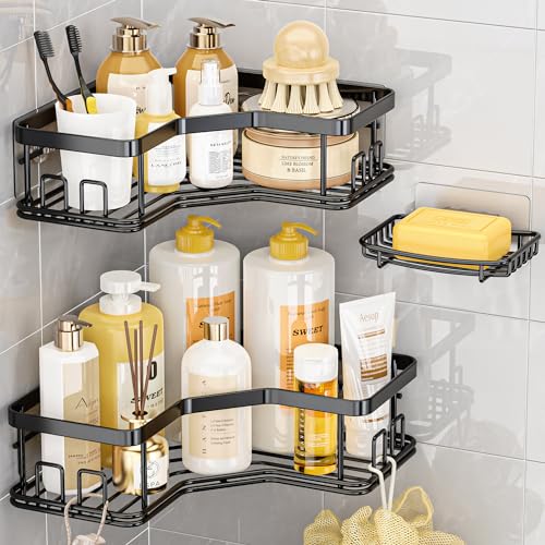 MAXIFFE Shower Caddy, 5-Pack Shower Organizer with Soap Holder, Corner Shower Caddy with 8 Hooks, Wall Mounted Shower Shelf for Bathroom, Kitchen, Countertop, Black