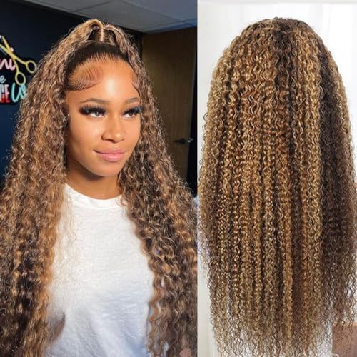ZANPAL 4/27 Highlight Lace Front Wig Human Hair 18 Inch Honey Blonde Curly Human Hair Wig 180 Density 13x4 Hd Transparent Frontal Wig Ombre Deep Curly Wig For Black Women Pre Plucked With Baby Hair