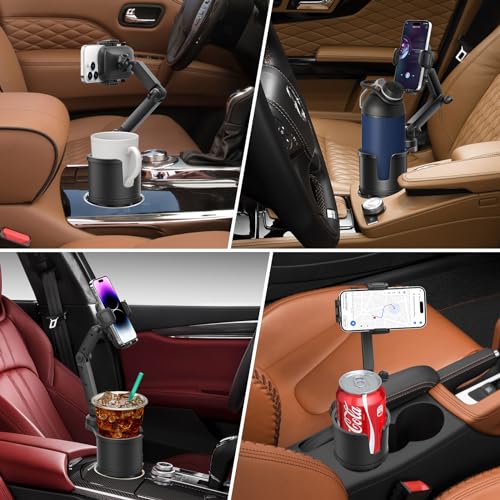 Cup Holder Phone Mount for Car with Expandable Base, 2-1 Phone Holder Car Cupholder Exptender Adapter for 10-40oz Drink Bottles, Mugs and Phone Holder for Car Fits All Smartphone