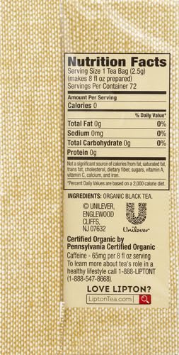 Lipton Organic Tea Bags, Black Tea, Iced or Hot Tea, Can Support Heart Health, 72 Total Tea Bags