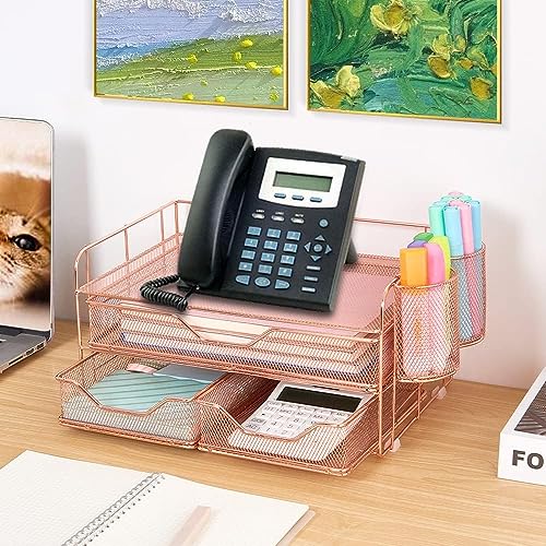 Youbetia Paper Tray Organizer with Mesh File Holder, 5 Tier Desk Accessories & Workspace Desk Organizers with Pen Holder, Office Desk Accessories Desktop Organization for Office Supplies (Black)