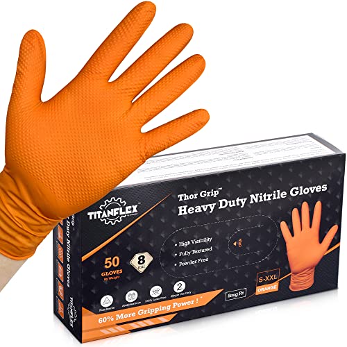 TitanFlex Thor Grip Heavy Duty Industrial Orange Nitrile Gloves, 8-mil, Gloves Disposable Latex Free with Raised Diamond Texture Grip, Powder Free, Rubber Gloves, Mechanic Gloves,1000-ct Case (XL)