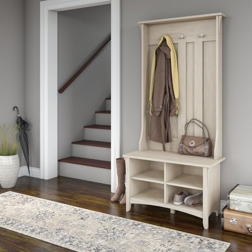 Bush Furniture Salinas Hall Tree with Shoe Storage Bench in Antique White, Multi-Purpose Home Organizer, Entryway Solution with Seating and Hooks