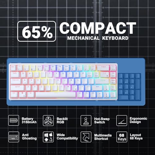 RK ROYAL KLUDGE RK837 Video Gaming Keyboard - 65% Layout Mechanical Keyboard, BT5.1/2.4G/Wired with 3 USB Ports, RGB Backlit, Hot-Swap PC Computer Wireless Keyboard for Mac Laptop, Clicky Blue Switch