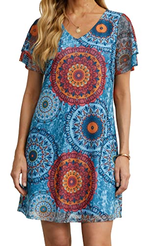 QIXING Women's Summer Casual Loose Mini Dress V-Neck Bell Short Sleeve Double Layer Shift Dress FP Mix Blue-S-6