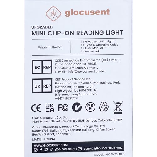 Glocusent Willow Book Light, 10LED, 3 Colors & 3 Brightness, Rechargeable, Lightweight, Clip on, Modern Design, Pure White, ABS Material, USB-C, 80hr Runtime, Ideal for Book Lovers
