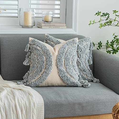 Foindtower Gorgeous Half Moon Accent Boho Tufted Decorative Throw Pillow Cover, Stylish & Cozy Rainbow Design Cotton Canvas Cushion Cover | Tassels Pillow Case Home Decor 18"X 18" Mixed Grey 1 Piece