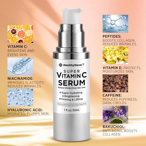 Super Vitamin C Serum for Women Over 70: Vitamin C, Hyaluronic Acid, Vitamin E, Caffeine, Hydrating, Lifting, Face Wrinkle & Age Spots Reduction