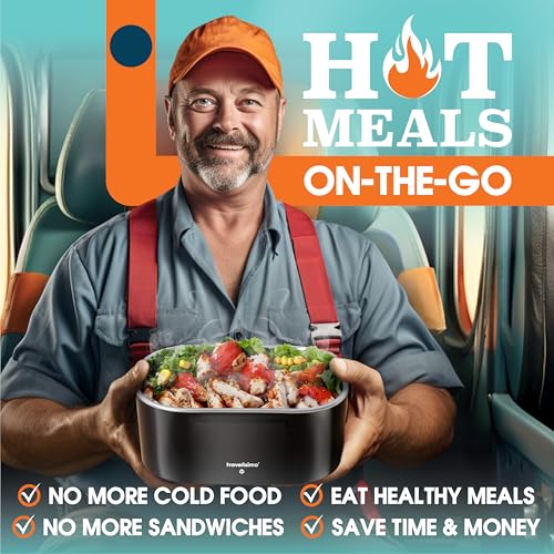 TRAVELISIMO Electric Lunch Box for Adults, 80W Heated Lunch Box 1.5L Stainless Steel Electric Food Warmers, 12/24/110V Portable Food Warmer for Travel & Work, Loncheras para Hombres de Trabajo