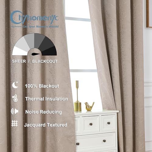 Chyhomenyc Debby Camel Blackout Curtains 63 Inches Long 2 Panels for Living Room, Thermal Insulated Energy Saving Noise Reducing Branch Jacquard Textured Heavy Grommet Window Drapes, Each 52x63 inch