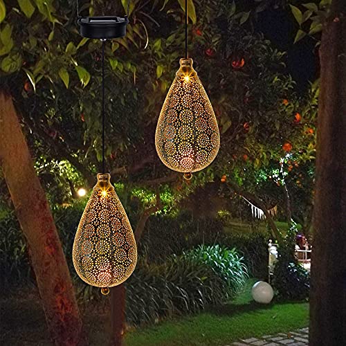 Solar Outdoor Lanterns - Set of 2 Hanging Lights, Fairy Solar Garden Party Decorative Lantern, Hexagon Lamps for Front Porch, Patio and Yard Outdoor Solar Lanterns Waterproof Hanging Garden Decor