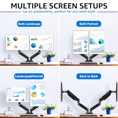 MOUNTUP Dual Monitor Stand for Desk, Adjustable Gas Spring Double Monitor Mount Holds 4.4-17.6 lbs and 13-32 Inch Screens, Monitor Arms for 2 Monitors, VESA 75x75 100x100 with C-clamp& Grommet, Black
