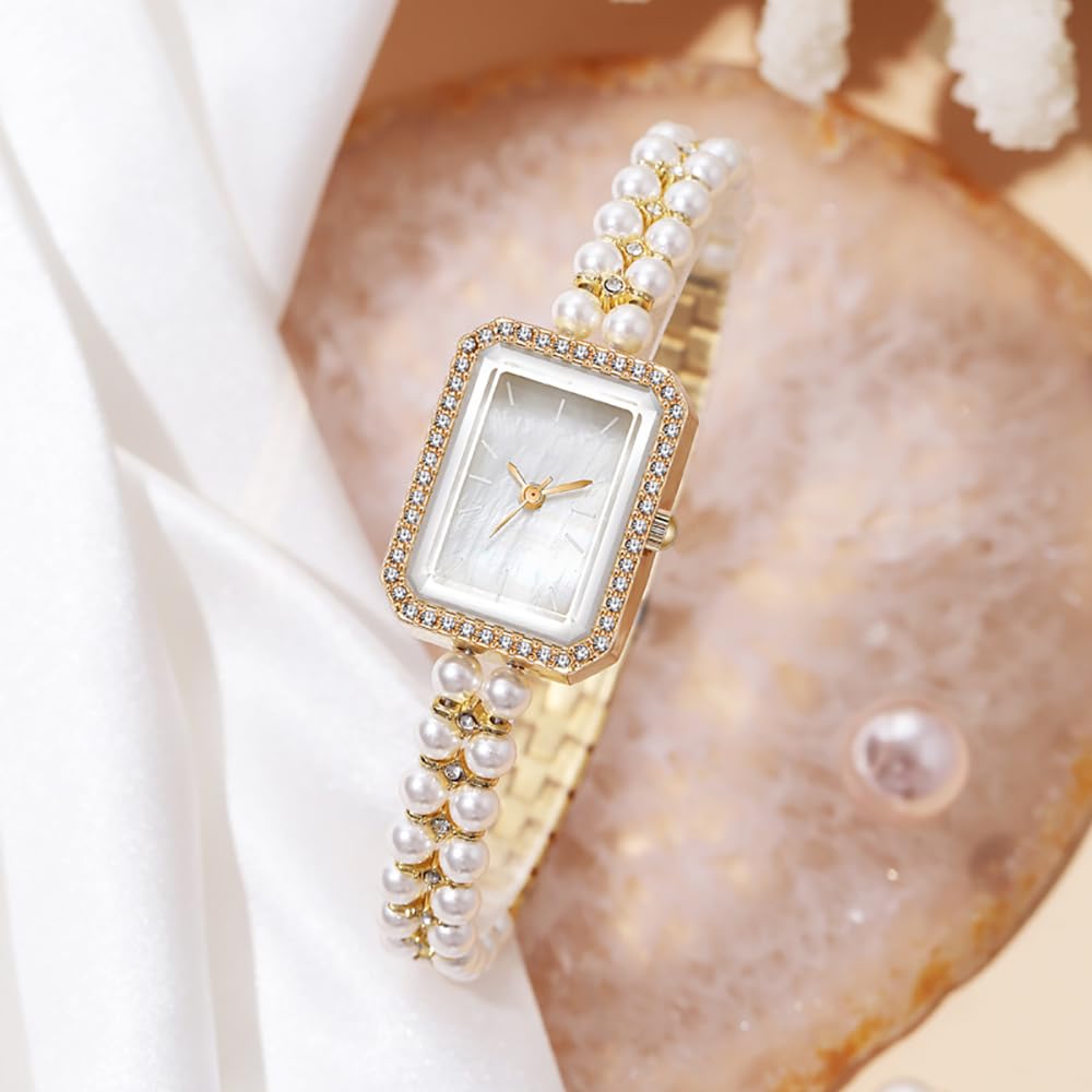 BESTKANG Elegant Pearl Watches for Women Small Square Dial Analog Quartz Watch Pearl Strap Diamonds Bracelet Dress Women's Watch (Gold White)