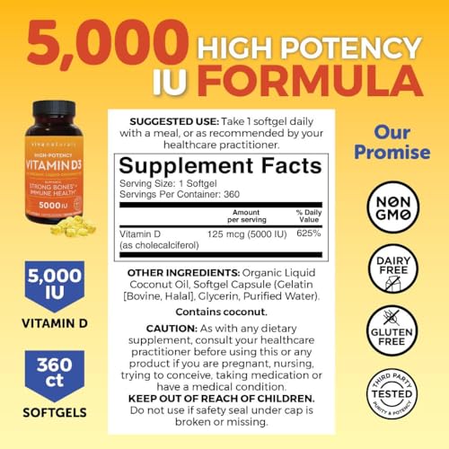 Viva Naturals D3 Vitamin 5000 IU Softgels (125 mcg), 360 Softgels - High Potency Vitamin D Supplements for Healthy Immune Function, Bones & Muscles - Made with Organic Liquid Coconut Oil