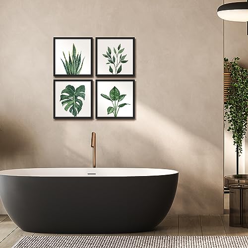 ArtbyHannah Bathroom Wall Art Set of 4 Botanical Wall Decor Green Plant Picture Frame Prints for Home Bedroom Restroom Decoration (Black, 10x10)