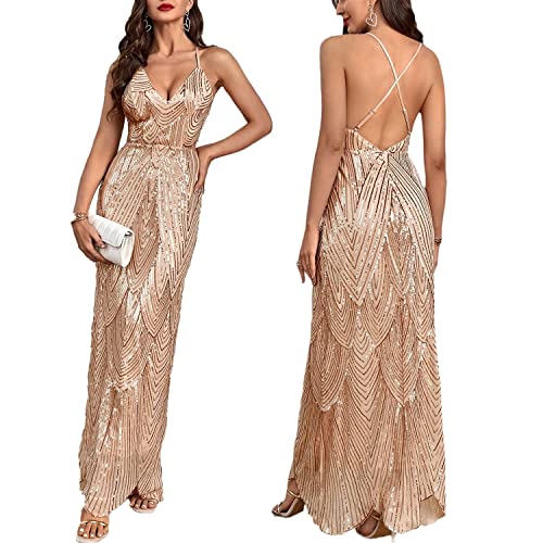 Women's V Neck Spaghetti Straps Sequin Sparkly Glitter Irregular Hem Prom Dress Bcakless Maxi Evening Gowns XL Wine