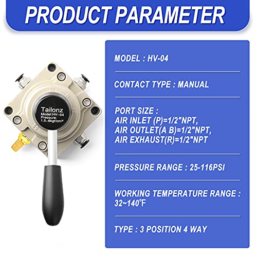 TAILONZ PNEUMATIC Rotary Lever Hand Valve HV-04 1/2”NPT Air Flow Control 3 Position 4 Way