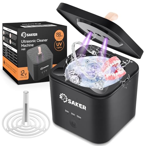 Saker Ultrasonic Cleaner for Dentures and Retainer 45Khz 180ML Portable Ultrasonic Jewelry Cleaner for Ring, Aligner, Mouth Guard, Toothbrush Head Home and Travel Black